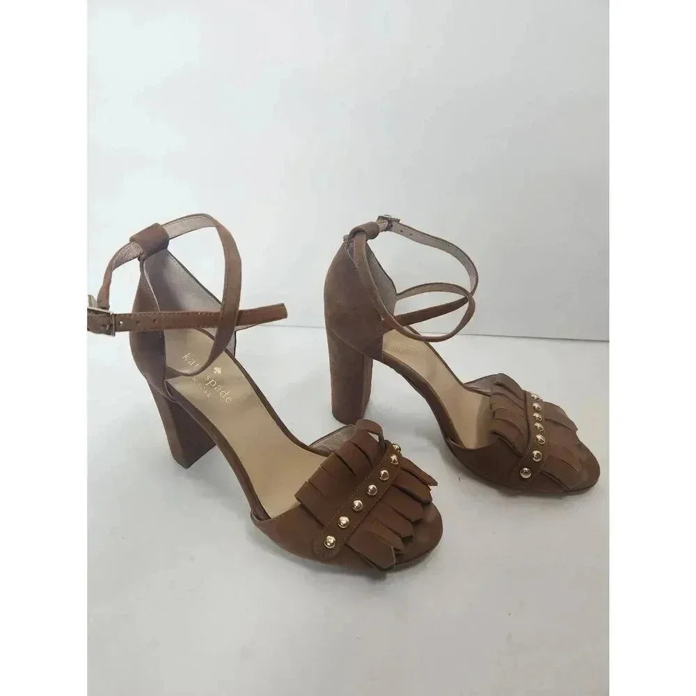 Kate Spade Brown Suede Block Heels Kiltie Fringe Cross Straps Size 7. - Picture 4 of 8